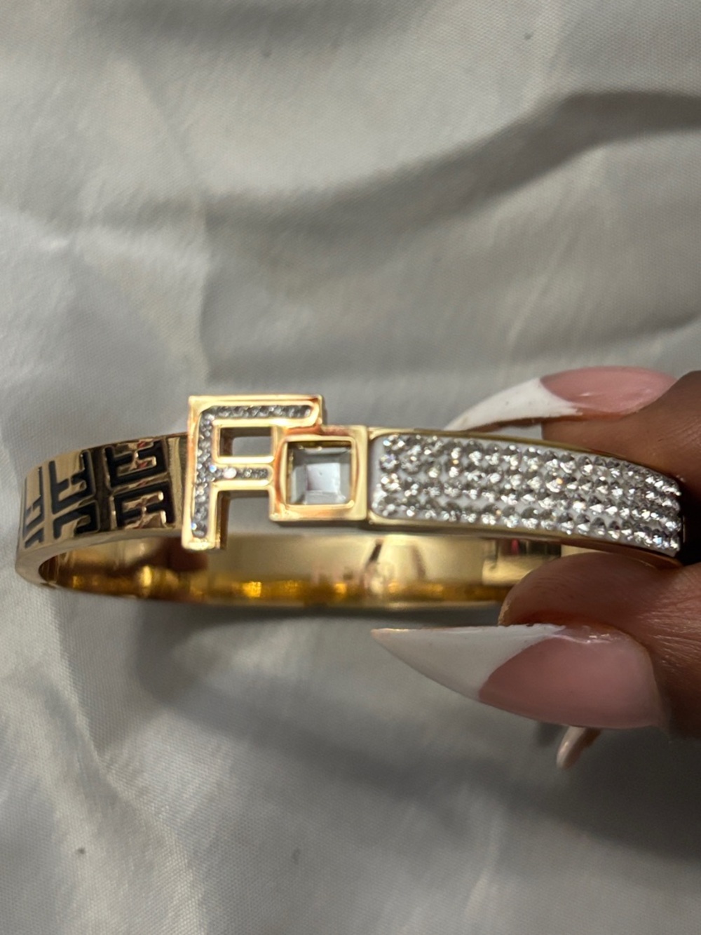 Fendi Gold-tone Pavé F Logo Hinged Bracelet with Black Enamel